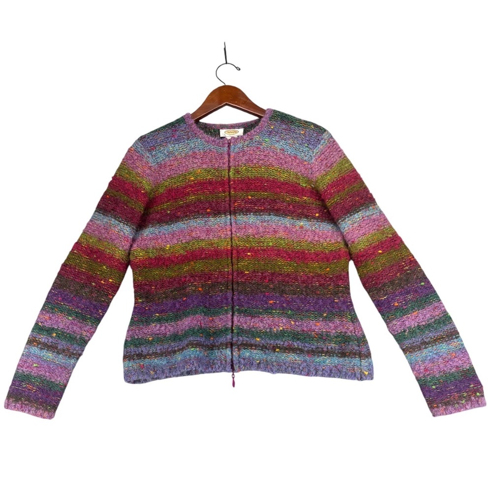 Talbots Cardigan Womens S Mohair Wool Blend Boucle Rainbow Stripe Zip Artsy Boho